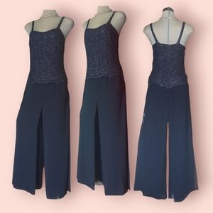 OBLIQUE Luxury Dark Blue Jumpsuit with Elegant Chiffon Skirt Pants Size 8